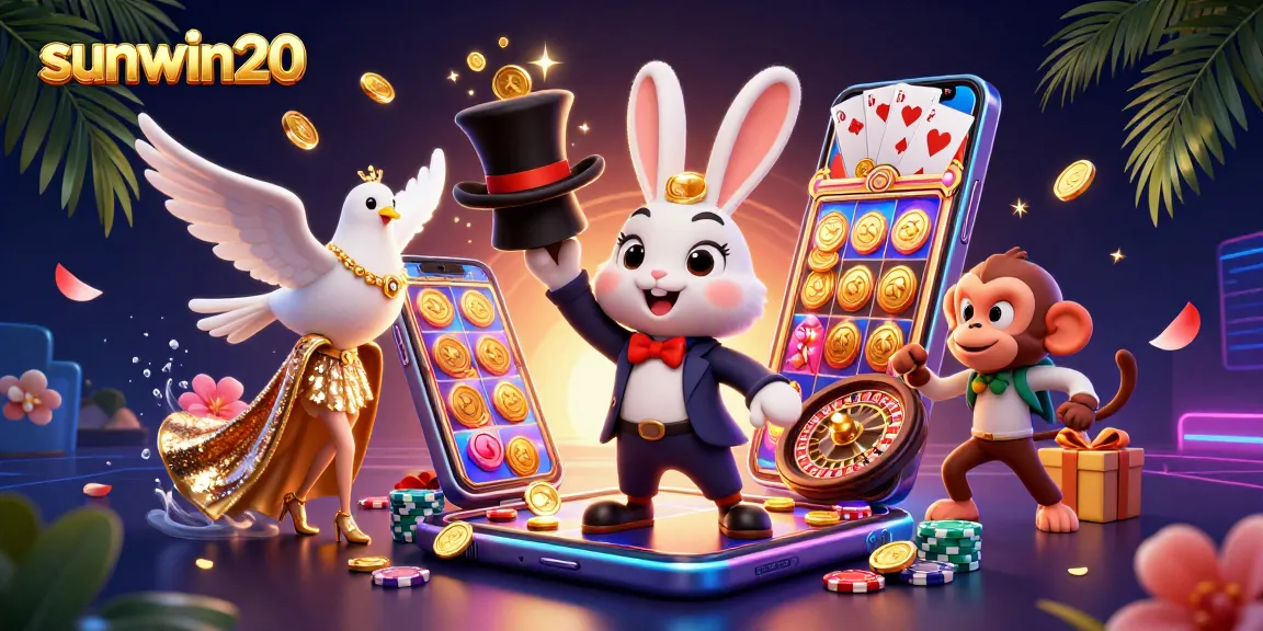 Experience thrilling slots and jackpots with sunwin20 in a vivid casino-themed illustration.