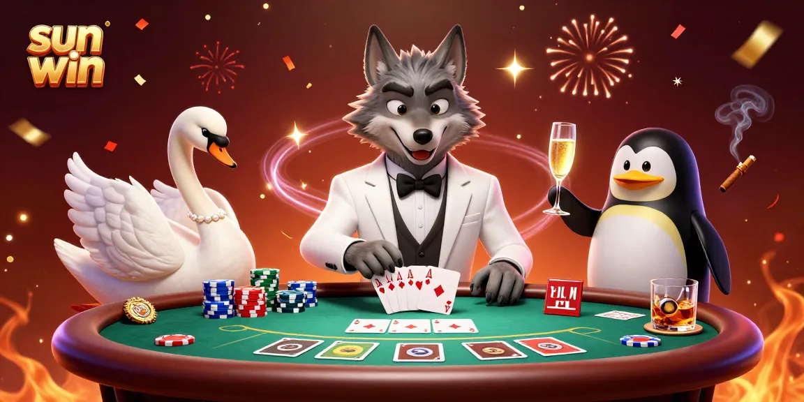 Win big at Sun Win with vibrant casino characters celebrating at a baccarat table.
