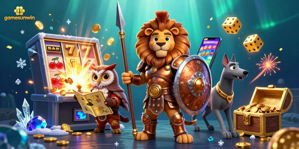 Experience the excitement of gamesunwin with a thrilling casino scene featuring a Spartan lion, owl strategist, and greyhound messenger.