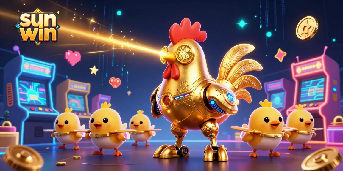 Experience sun win excitement with a golden rooster robot and gaming elements igniting fun